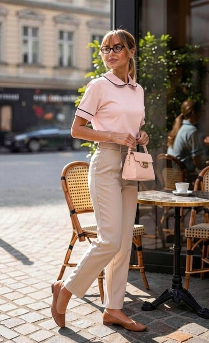 Bluză tip Tricou cu Guler  și Borduri Contrastante - Apricot&Pudră