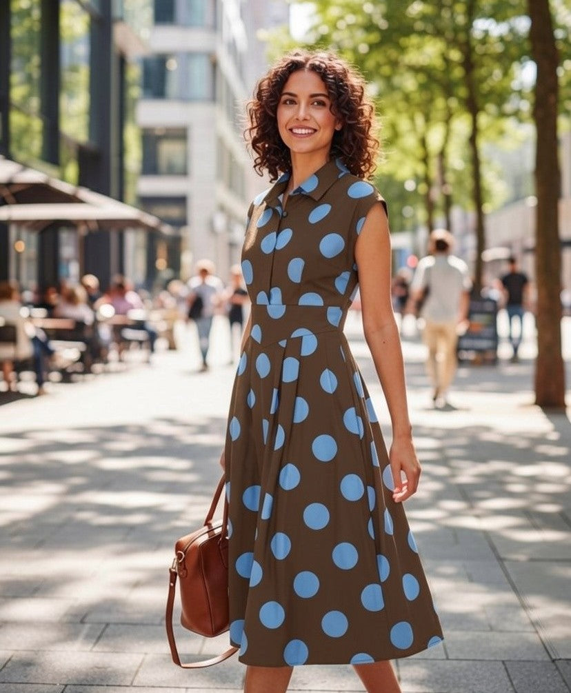 Rochie Midi cu Buline și Guler Cămașă - Marou&Babyblue