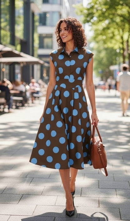 Rochie Midi cu Buline și Guler Cămașă - Marou&Babyblue