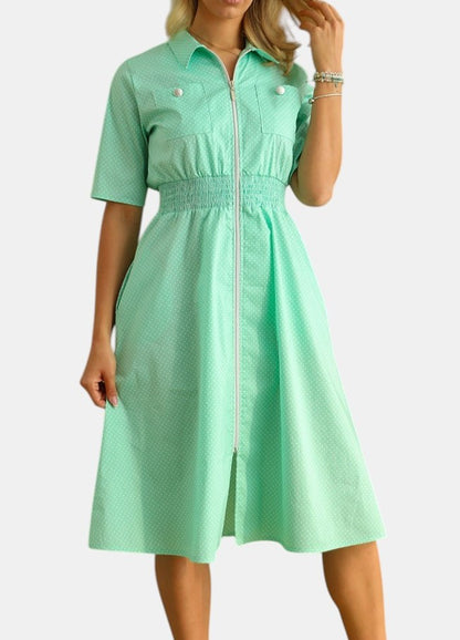 Rochie tip Cămașă cu Fermoar și Tale Elastică - Verde & Buline