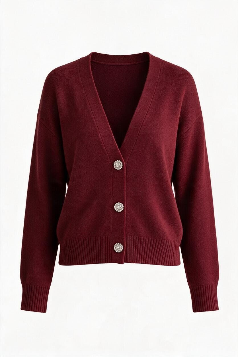 Cardigan tricotat de damă bordo cu nasturi bijuterie – față