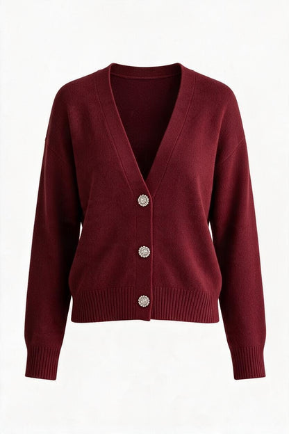 Cardigan tricotat de damă bordo cu nasturi bijuterie – față