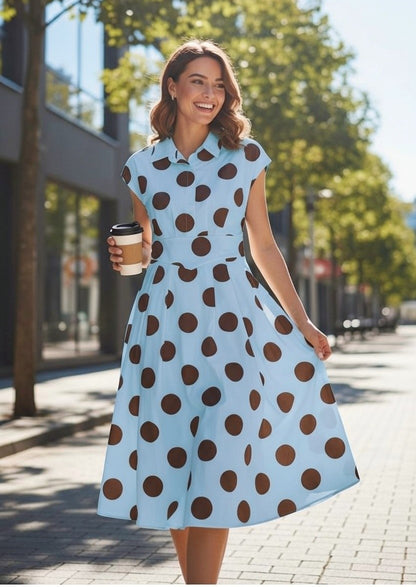 Rochie Midi cu Buline și Guler Cămașă - Babyblue&Marou