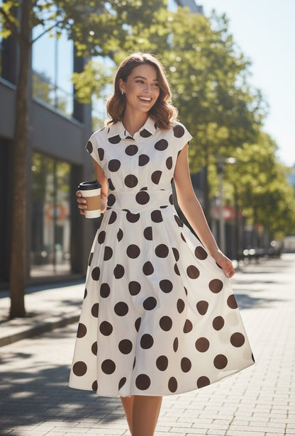 Rochie Midi cu Buline și Guler Cămașă - Bej&Marou