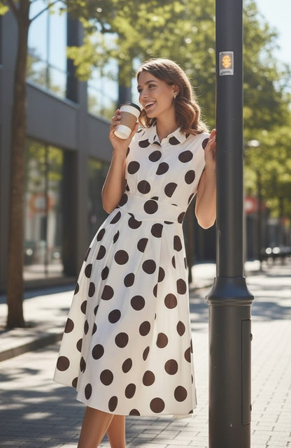 Rochie Midi cu Buline și Guler Cămașă - Bej&Marou