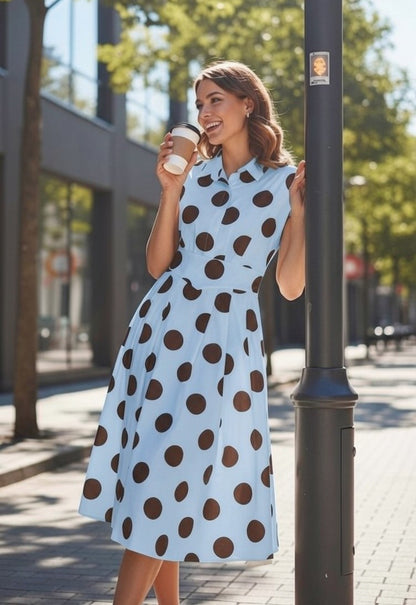 Rochie Midi cu Buline și Guler Cămașă - Babyblue&Marou