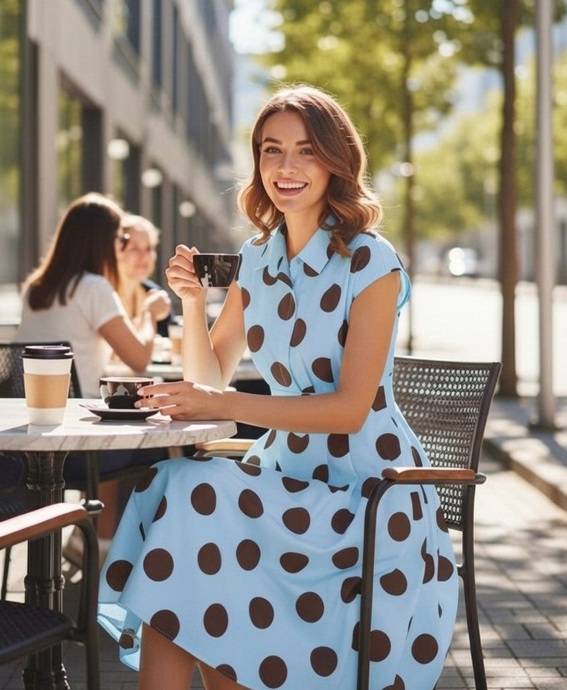 Rochie Midi cu Buline și Guler Cămașă - Babyblue&Marou