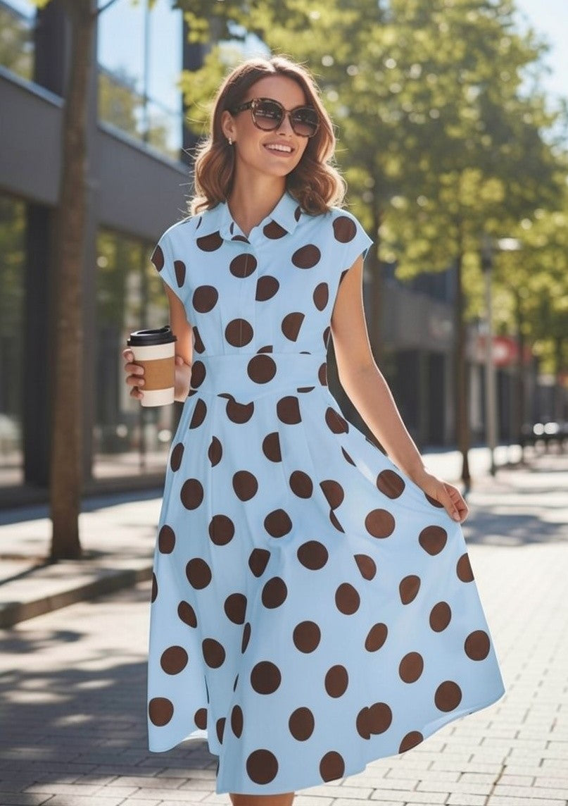 Rochie Midi cu Buline și Guler Cămașă - Babyblue&Marou