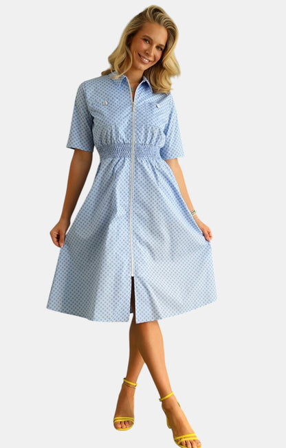 Rochie tip Cămașă cu Fermoar și Tale Elastică - Blue