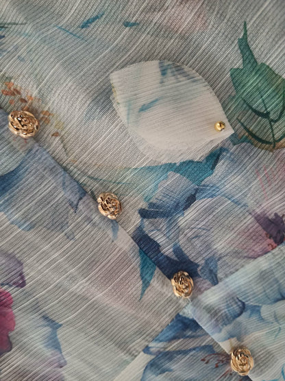 Rochie Lungă  cu Mâneci Bufante & Nasturi Aurii și Imprimeu Floral - Baby Blue