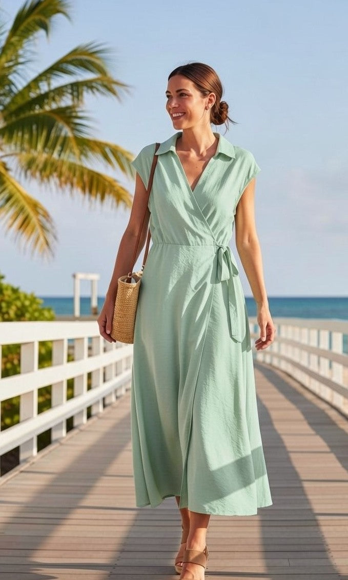 Rochie Midi Elegantă cu Cordon și Guler Lapel – Mentă