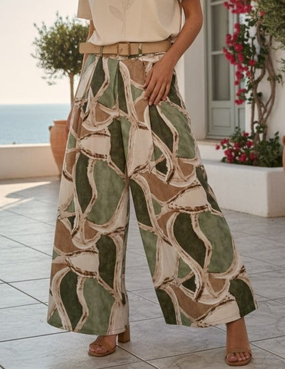 Pantaloni Largi cu Imprimeu Abstract și Curea - Kaky