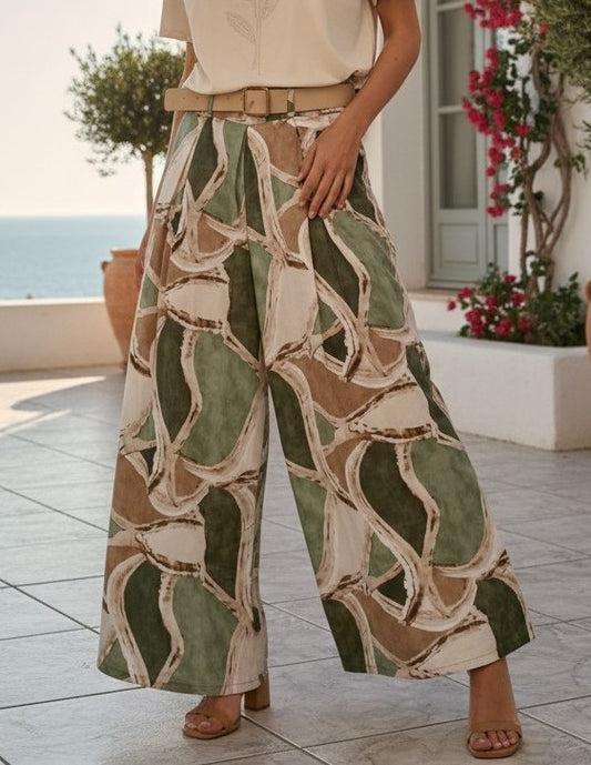 Pantaloni Largi cu Imprimeu Abstract și Curea - Kaky