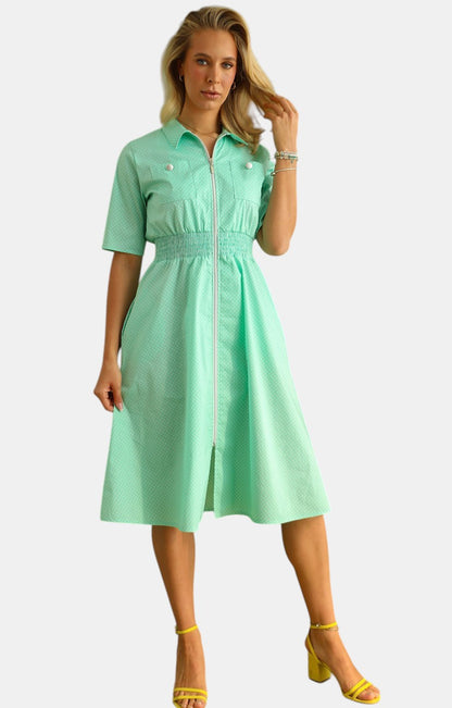 Rochie tip Cămașă cu Fermoar și Tale Elastică - Verde & Buline
