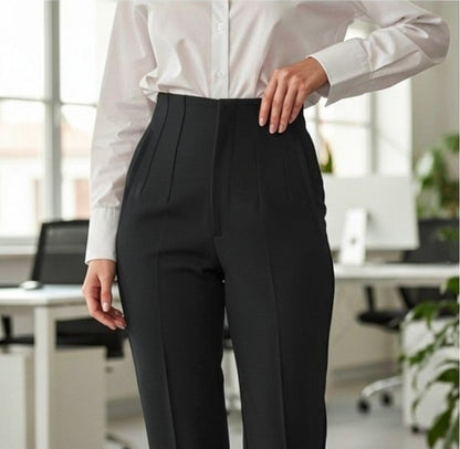 Pantaloni office de damă cu talie înaltă, negri – detaliu talie