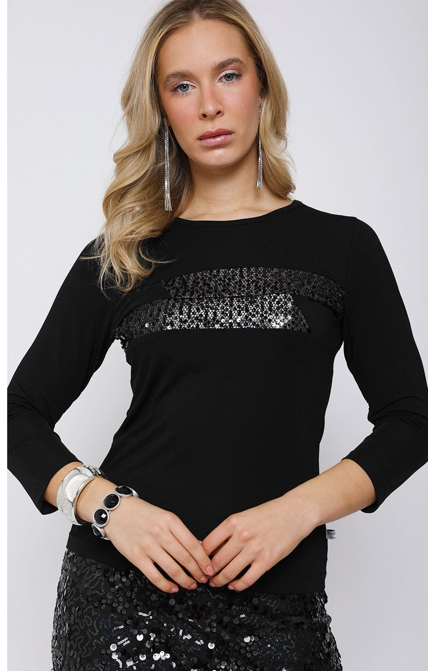 Bluză Neagră Warp Zone cu Inserție de Flittere