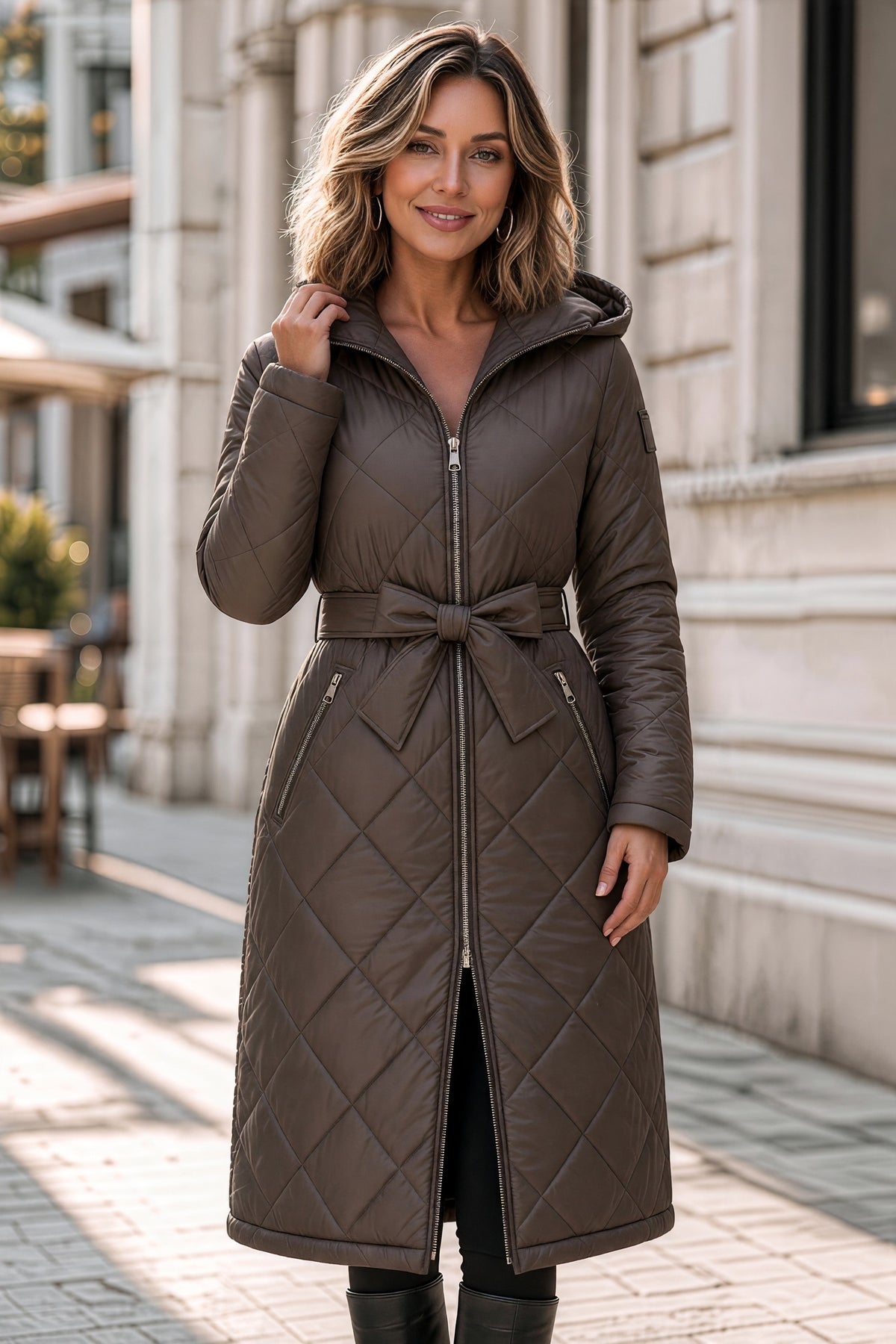 Geacă lungă de iarnă matlasată de damă maro cu glugă și cordon – purtată