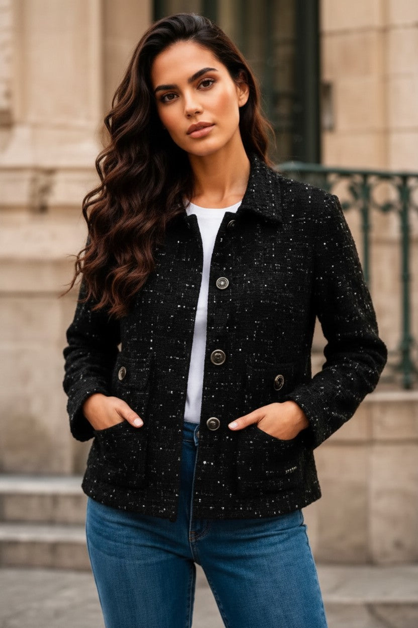 Jachetă Scurtă din Tweed - Neagră