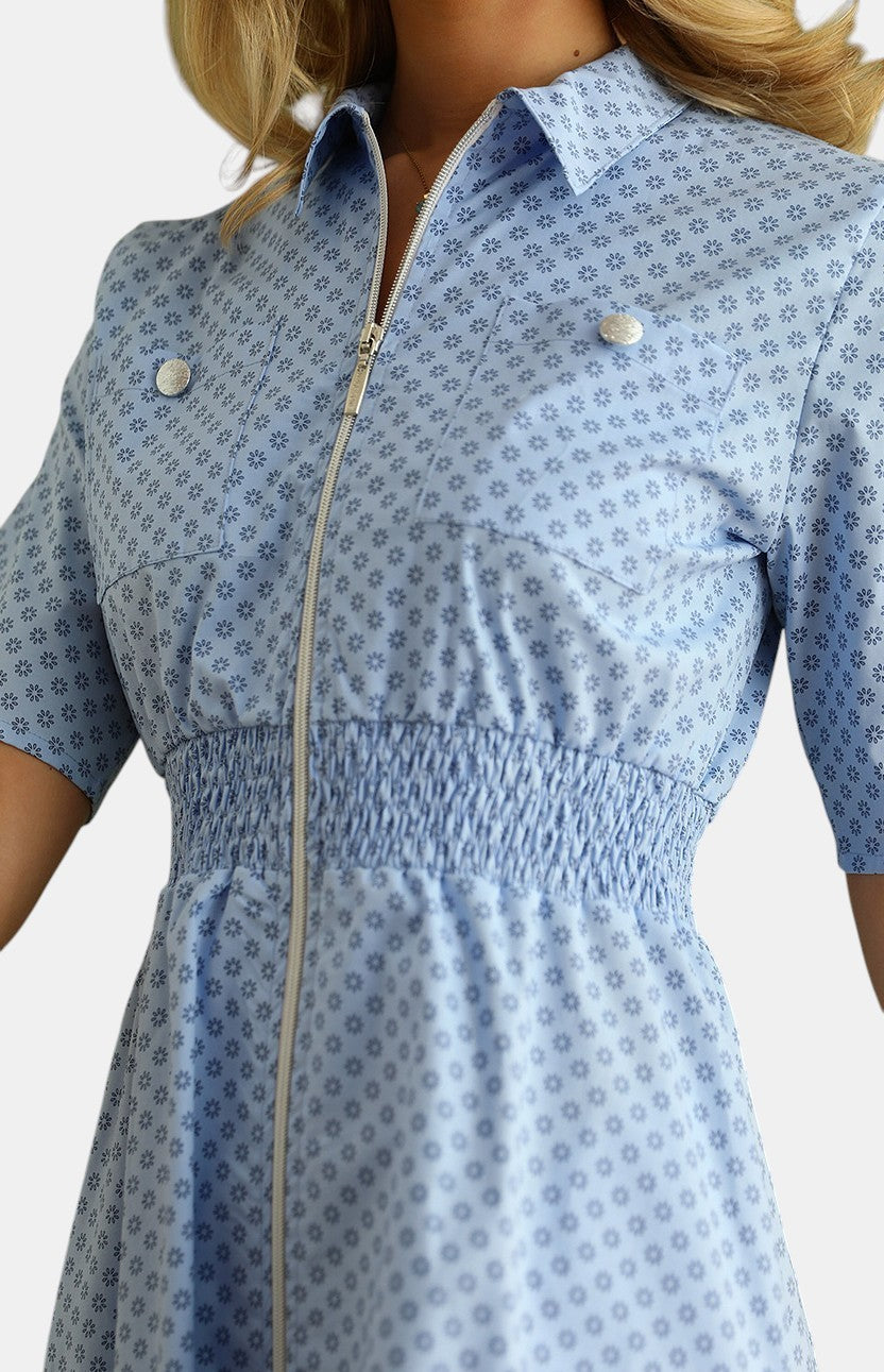 Rochie tip Cămașă cu Fermoar și Tale Elastică - Blue