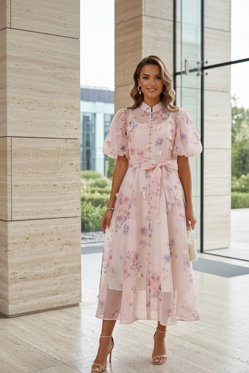 Rochie Lungă  cu Mâneci Bufante & Nasturi Aurii și Imprimeu Floral - Roz Pudră