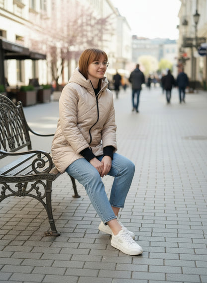 Geacă Matlasată Subțire Medii cu Glugă- Bej