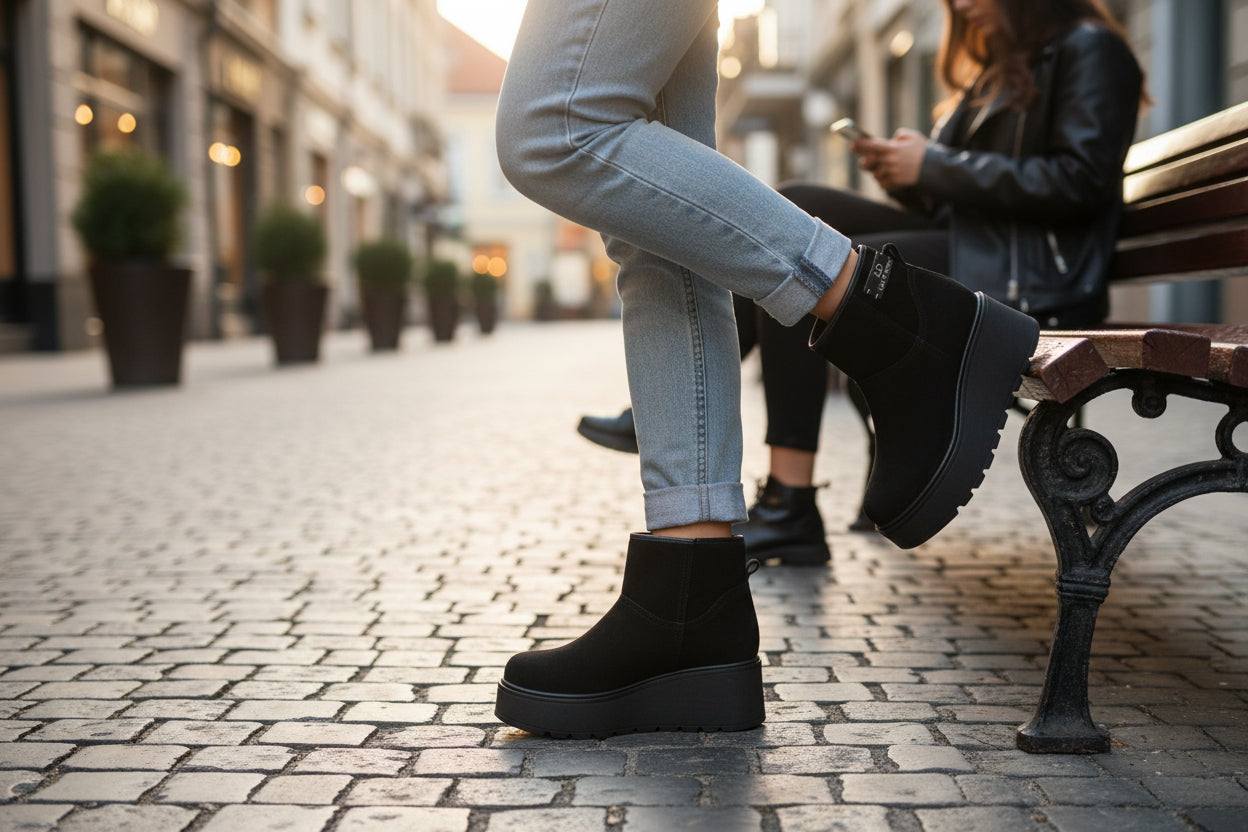 Botine Negre Piele Velur cu Talpă Înaltă Lux by Dessi