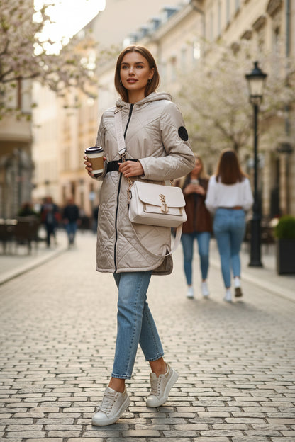 Geacă Matlasată Subțire cu Centură Elastică și Glugă-Gri Deschis