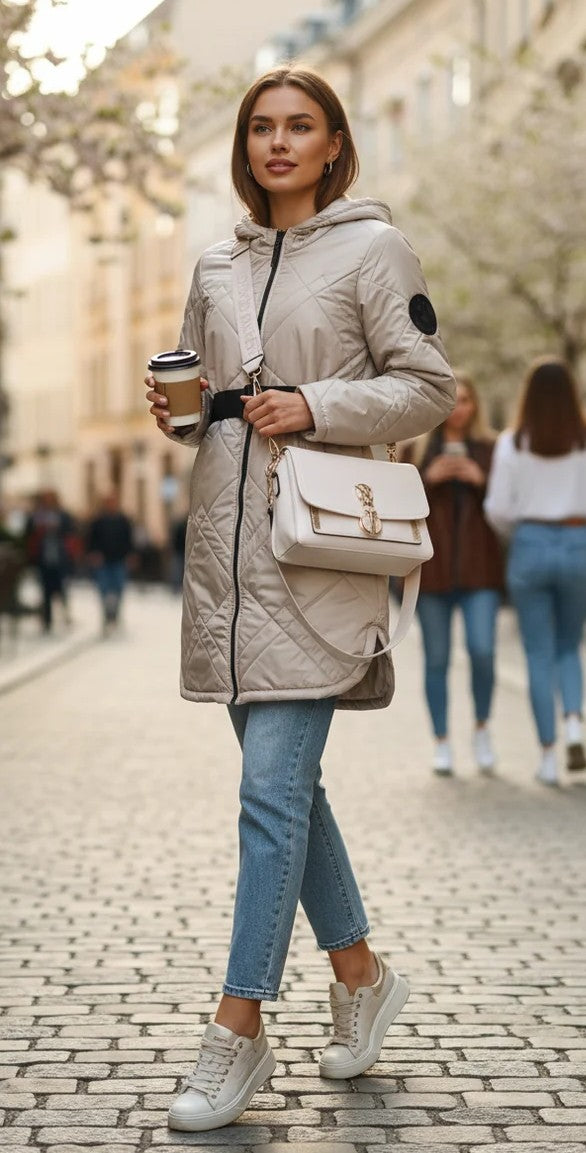 Geacă lungă matlasată de damă gri deschis – ținută completă cu jeans și sneakers albi