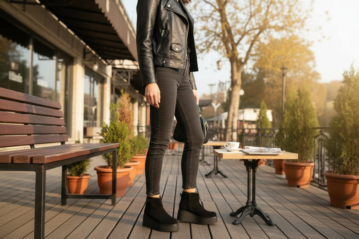 Botine Negre Piele Velur cu Talpă Înaltă Lux by Dessi