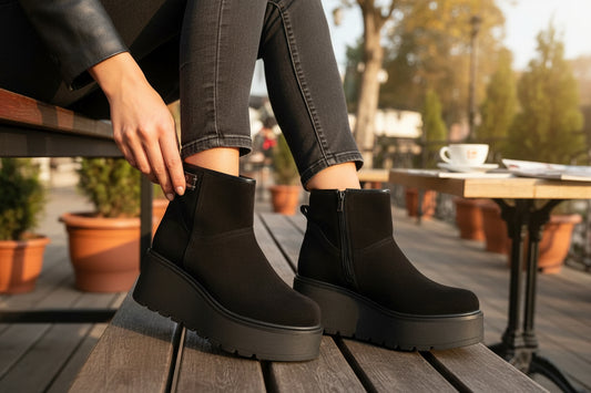 Botine Negre Piele Velur cu Talpă Înaltă Lux by Dessi