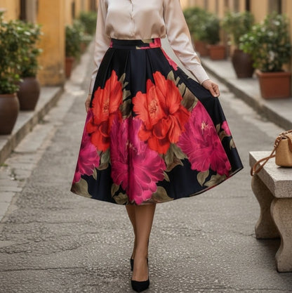 Fustă Cloș Midi cu Imprimeu Floral - Neagră