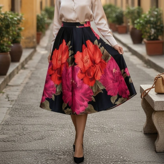 Fustă Cloș Midi cu Imprimeu Floral - Neagră