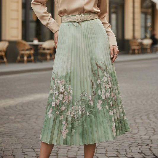Fustă Plisată cu Imprimeu Floral - Verde
