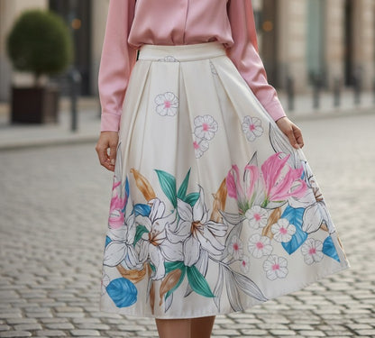 Fustă Cloș Midi cu Imprimeu Floral - Crem