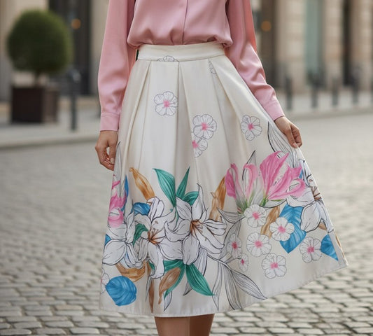 Fustă Cloș Midi cu Imprimeu Floral - Crem
