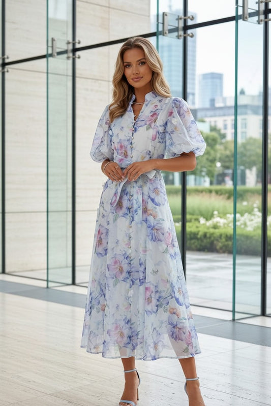 Rochie Lungă  cu Mâneci Bufante & Nasturi Aurii și Imprimeu Floral - Baby Blue
