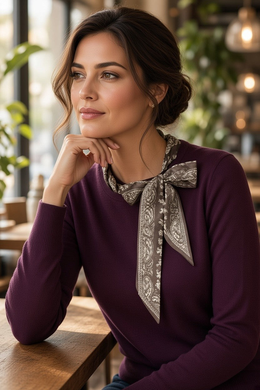 Pulover tricotat de damă bordo, mâneci lungi, eșarfă paisley la gât – purtată