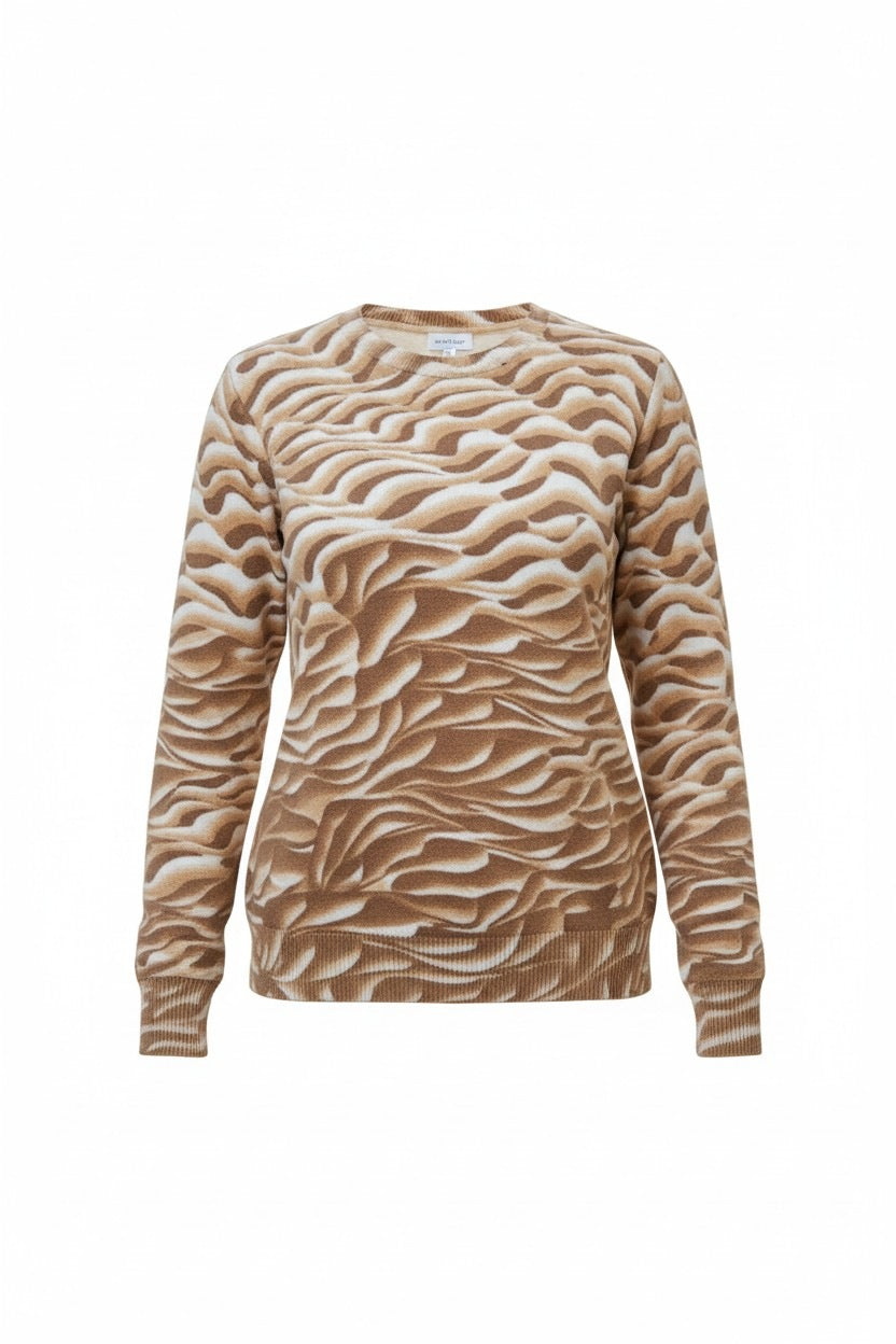 Pulover tricotat de damă bej-alb cu model în valuri – față