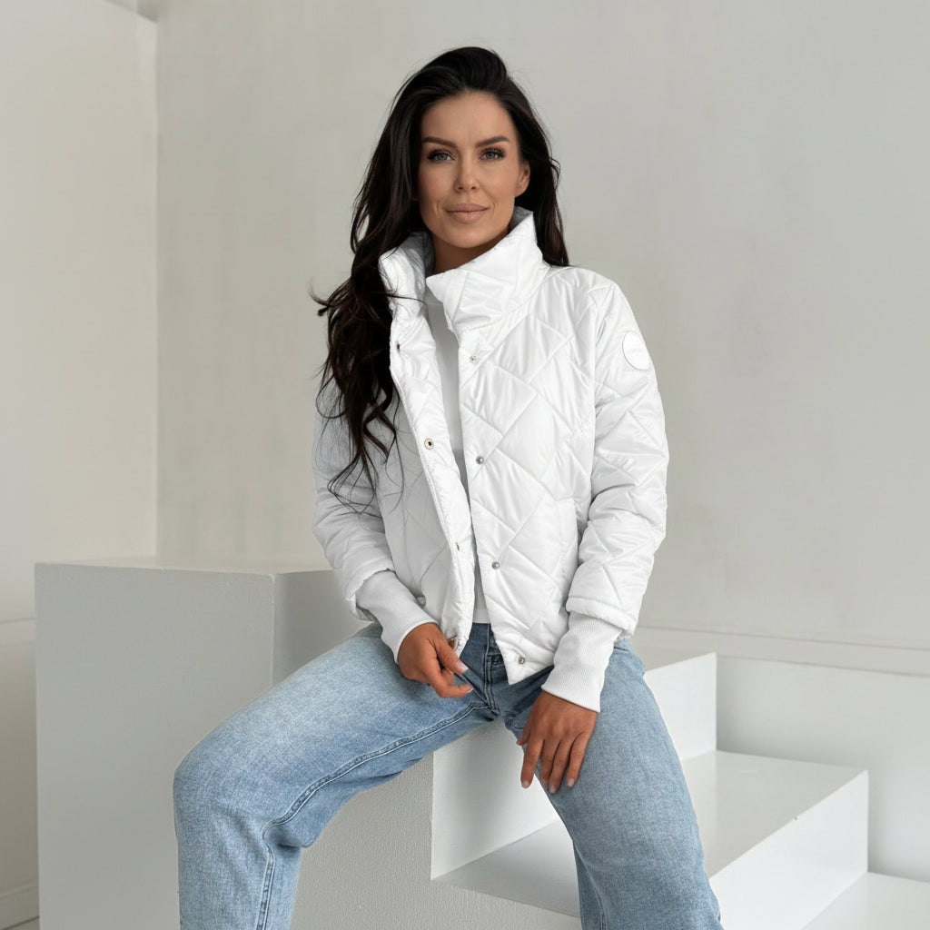 Geacă Matlasată Subțire cu Model Rombus-Alb