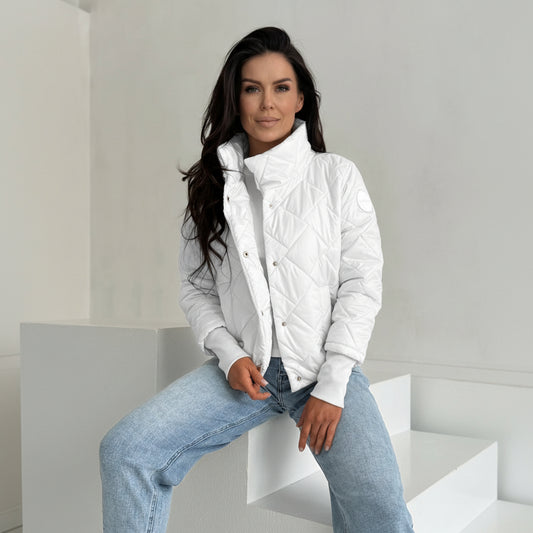 Geacă Matlasată Subțire cu Model Rombus-Alb