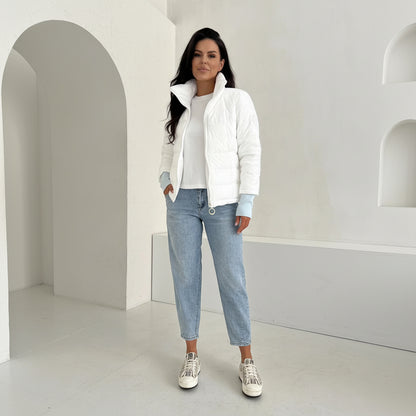 Geacă Matlasată Subțire cu Guler Înalt-Alb