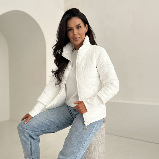Geacă Matlasată Subțire cu Guler Înalt-Alb