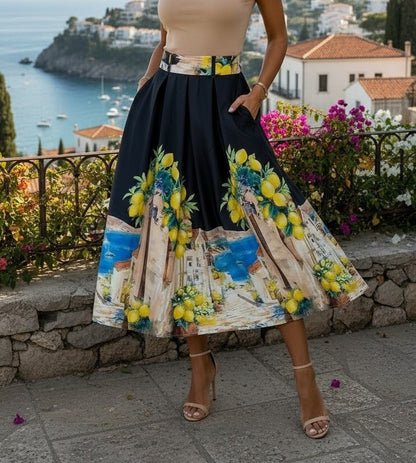 Fustă Midi Clos cu Imprimeu Artisttic Mediteranian - Neagră