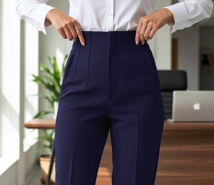 Pantaloni office de damă cu talie înaltă, bleumarin – detaliu talie