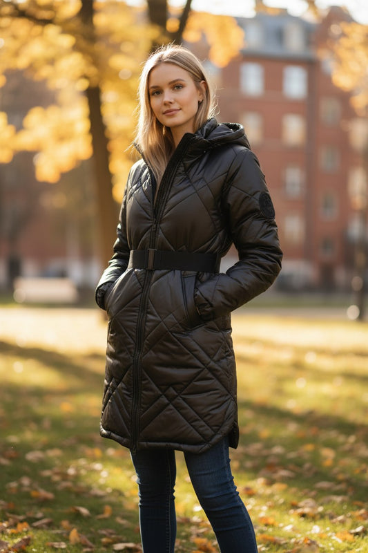 Geacă Matlasată Negru cu Centură Elastică