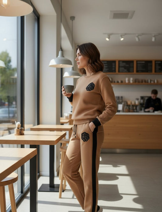 Compleu tricotat de damă cu detalii florale, camel – în picioare, cu o cafea