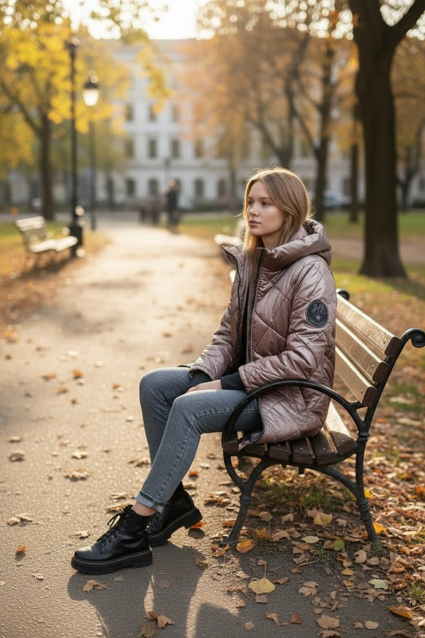 Geacă Matlasată Lungă cu Glugă și Mâneci cu Inserții Tricotate- Marou