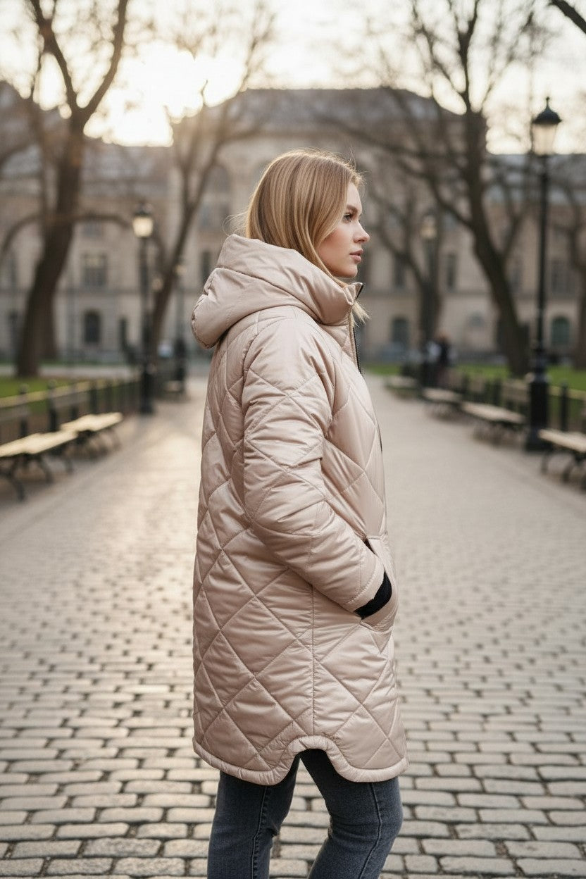 Geacă Matlasată Lungă cu Glugă și Mâneci cu Inserții Tricotate- Bej