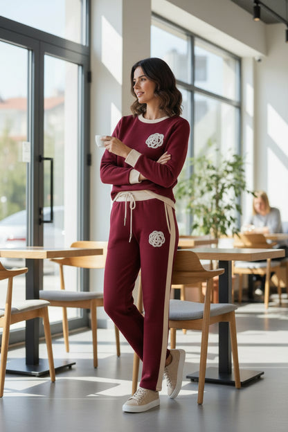 Compleu Tricotat Burgundi Premium  cu Detalii Florale