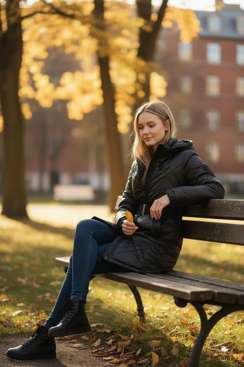 Geacă Matlasată Negru cu Centură Elastică